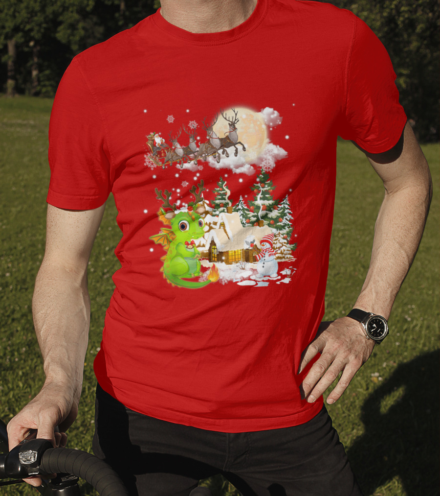 Santa's Sleigh Ride Over Snowy Village With Festive Dragon T-Shirt