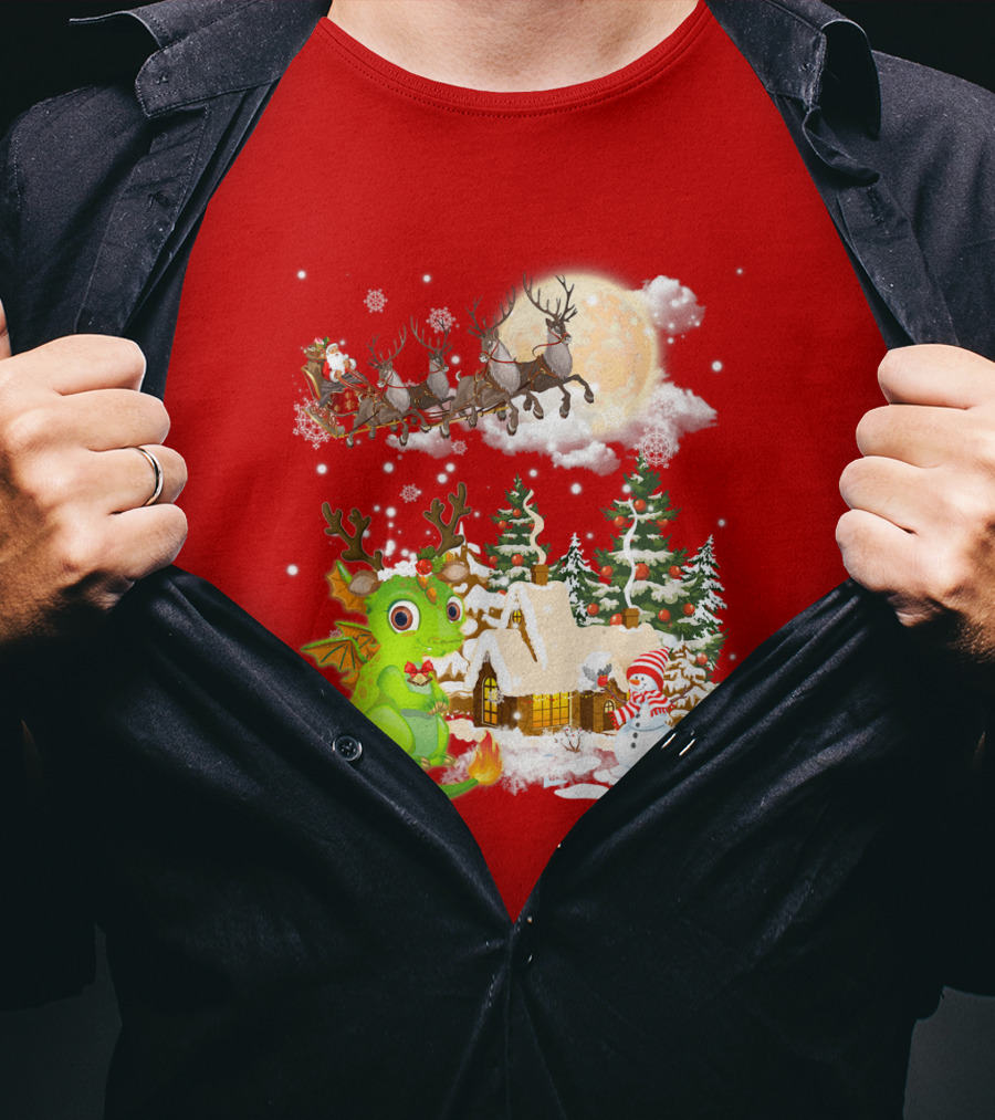 Santa's Sleigh Ride Over Snowy Village With Festive Dragon T-Shirt