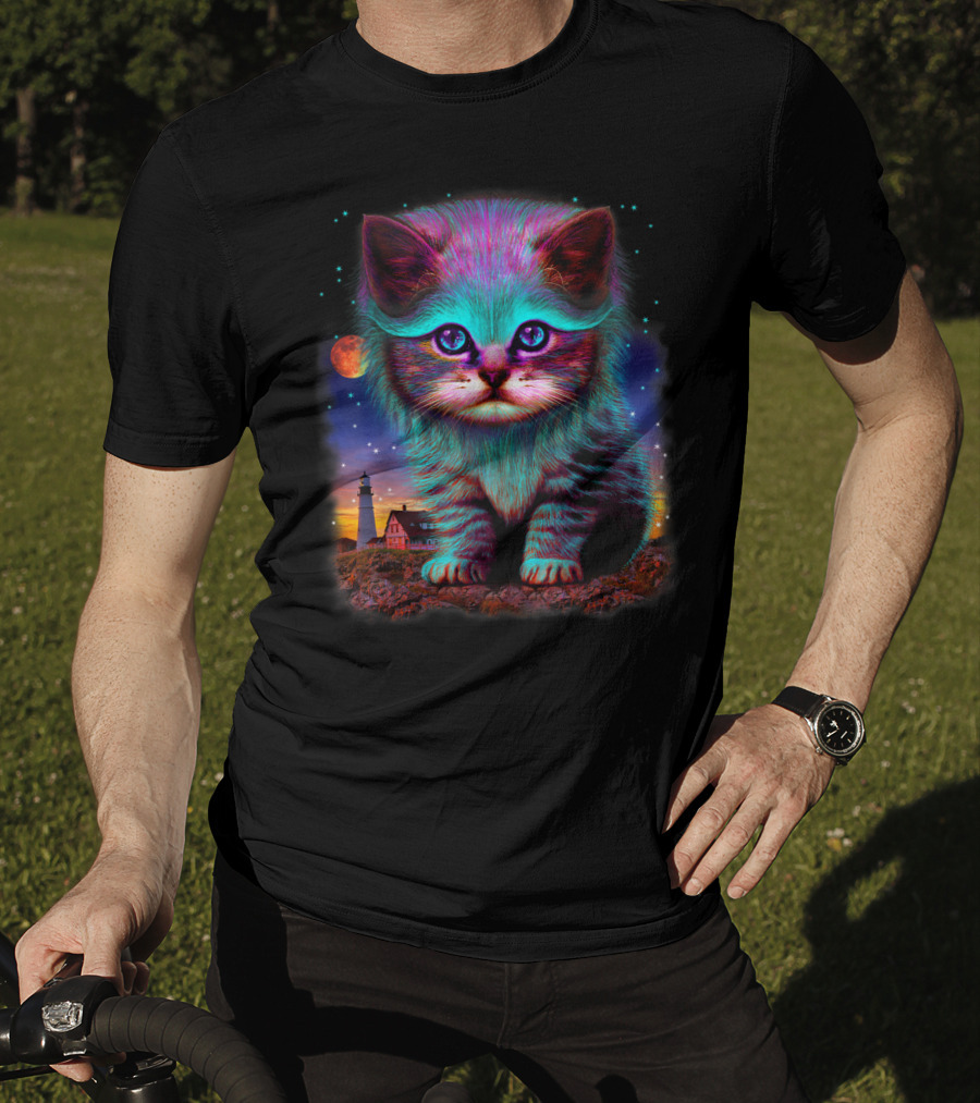 Alien Cat Fantasy Galaxy In Colorful Space With Cute Kitten And Lighthouse Moon Stars T-Shirt