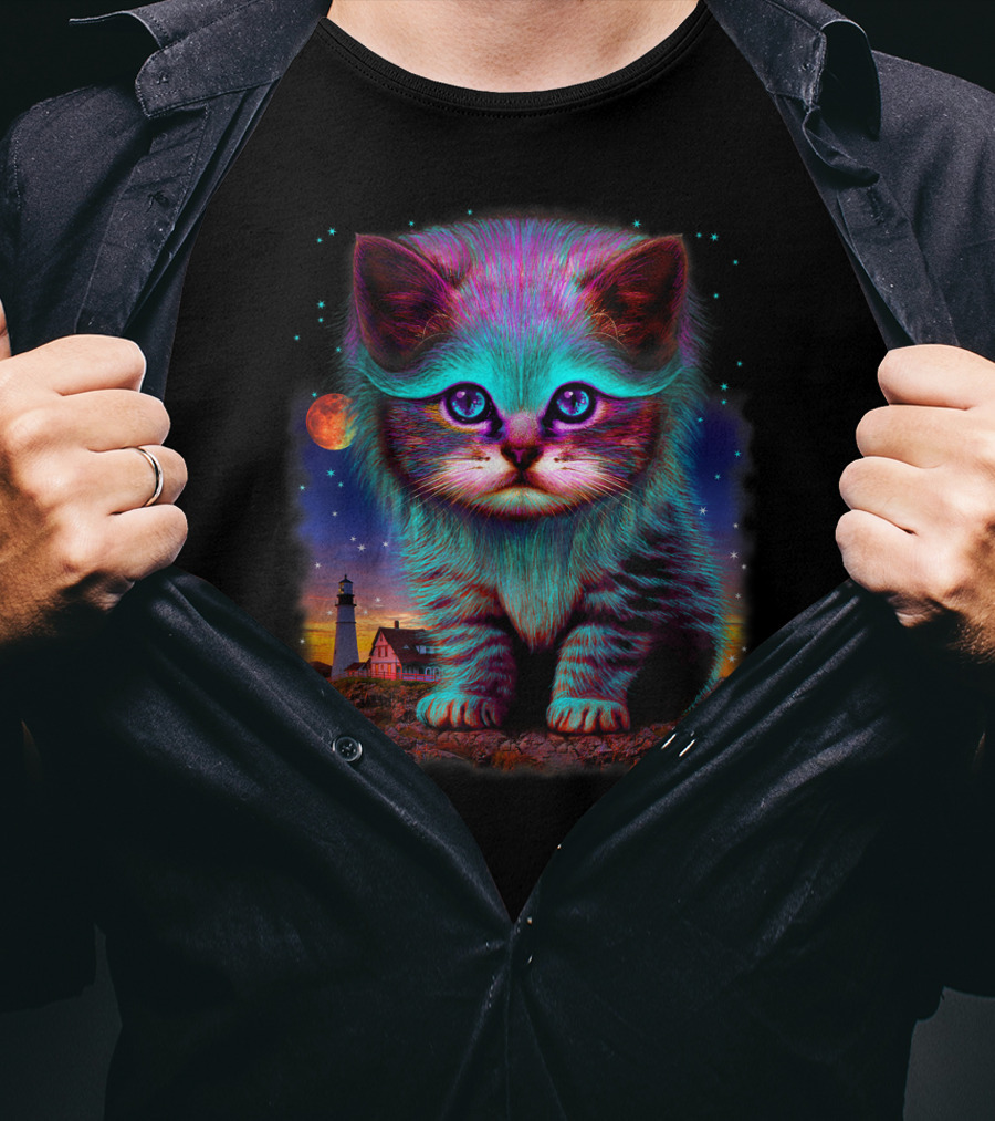 Alien Cat Fantasy Galaxy In Colorful Space With Cute Kitten And Lighthouse Moon Stars T-Shirt