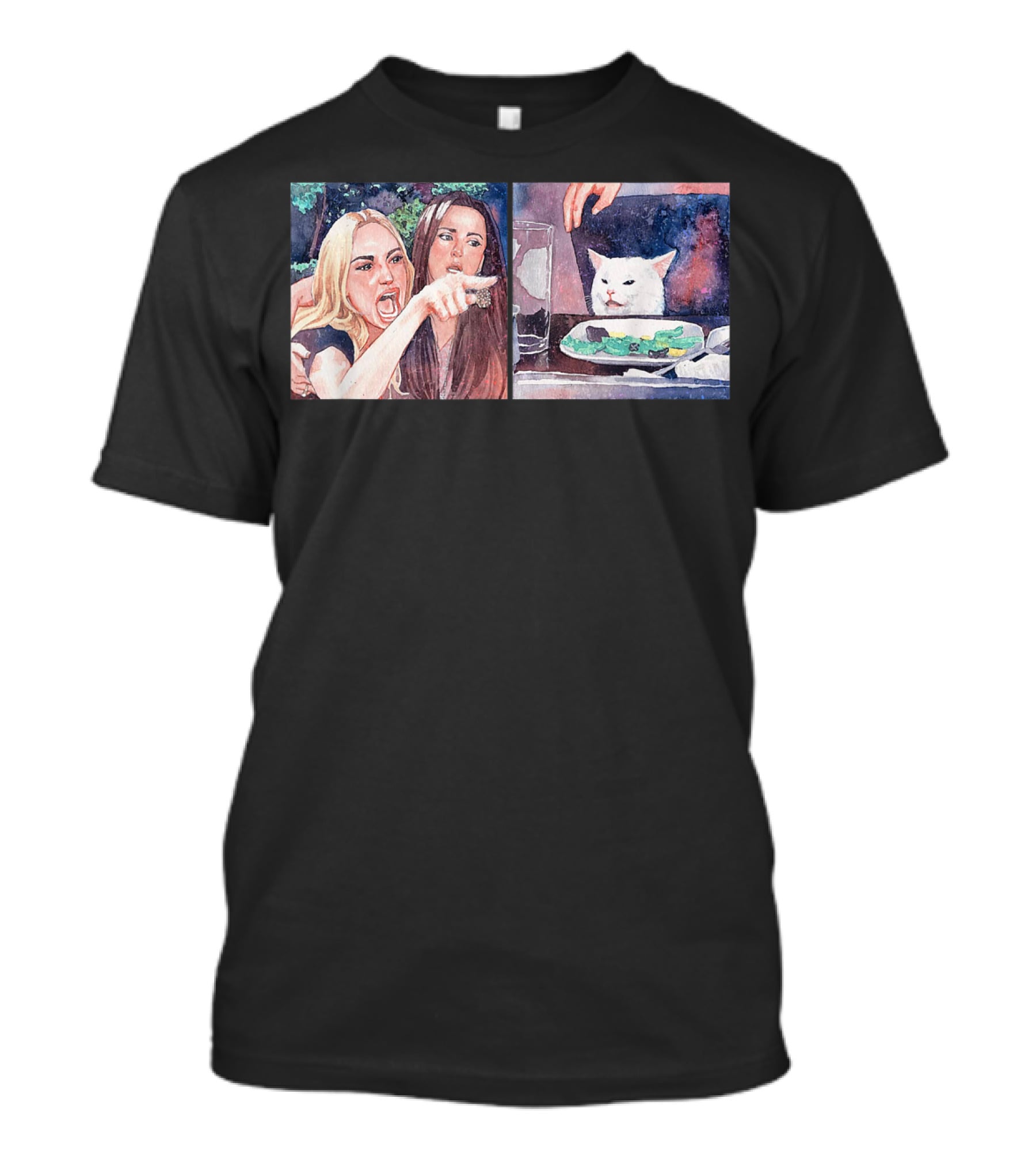 Angry Women Pointing At Indifferent Cat Sitting At Dining Table T-Shirt