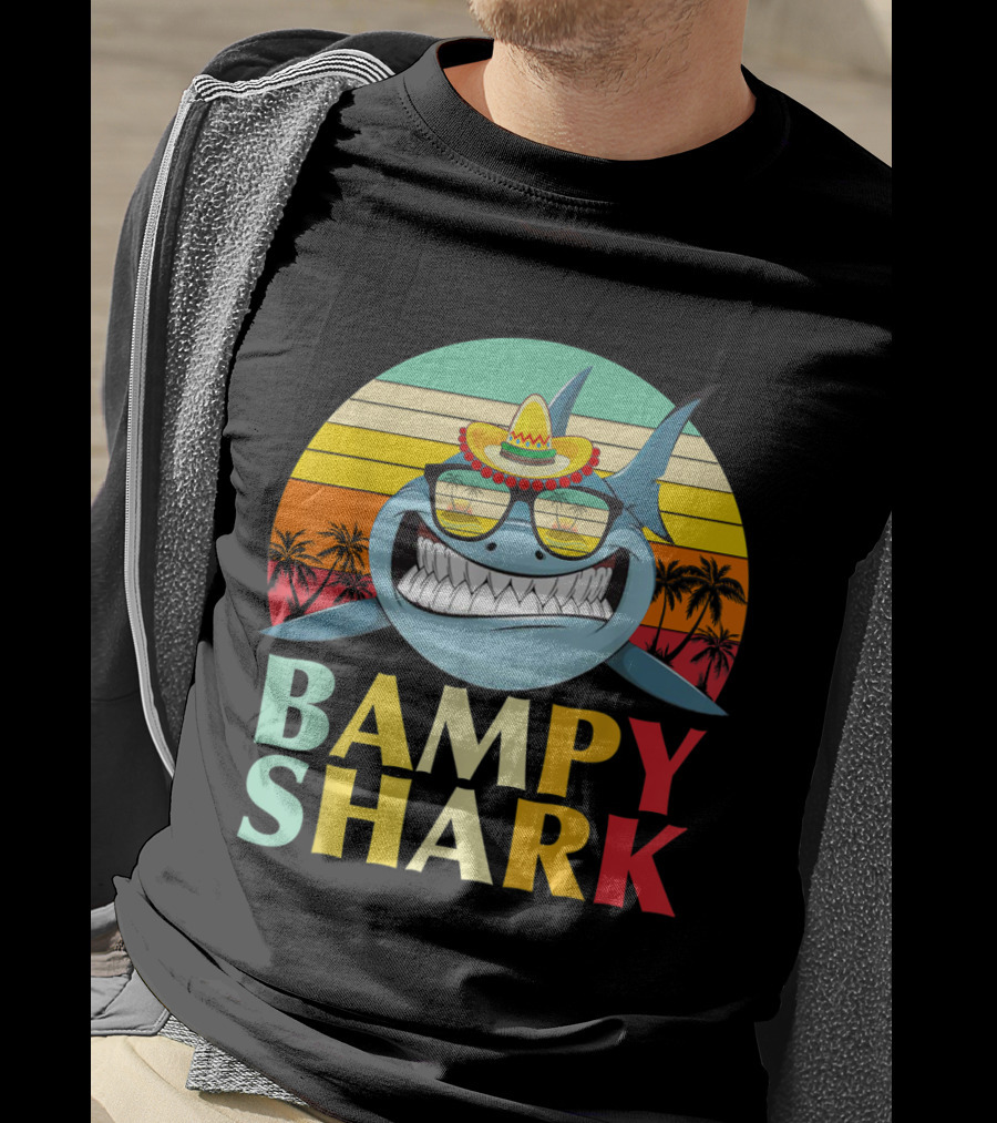 Bampy Shark Grandad From Grandchildren Shark With Sombrero And Sunglasses T-Shirt