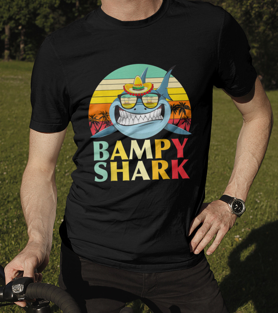 Bampy Shark Grandad From Grandchildren Shark With Sombrero And Sunglasses T-Shirt