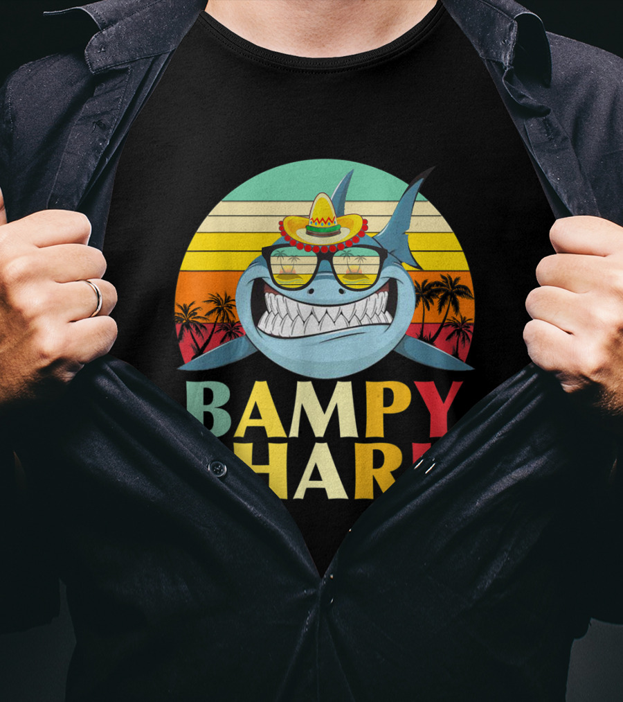 Bampy Shark Grandad From Grandchildren Shark With Sombrero And Sunglasses T-Shirt
