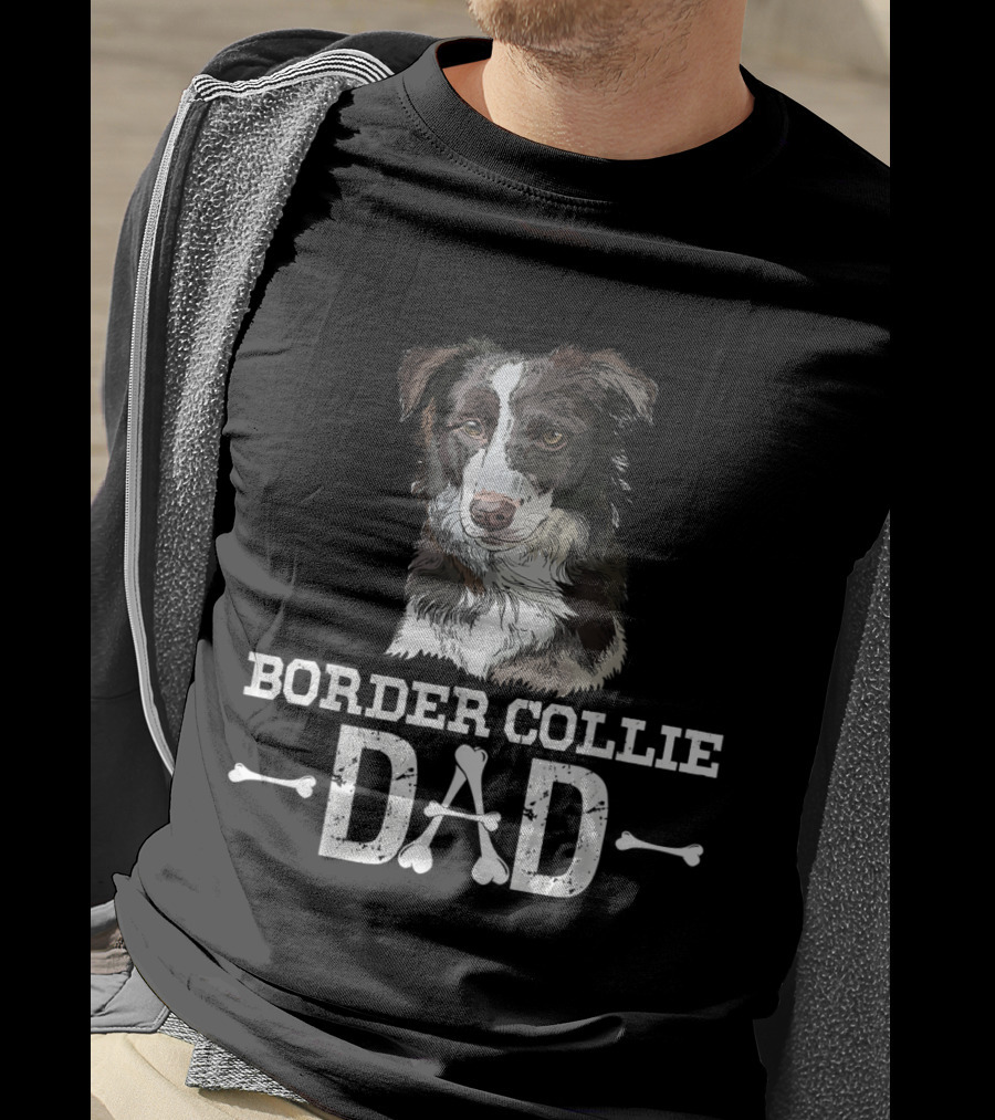 Border Collie Dad With Detailed Dog Illustration And Bone Accents T-Shirt