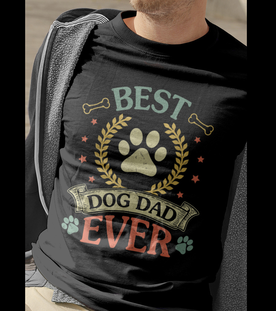 Best Dog Dad Ever Paw Laurel Stars Bones T-Shirt