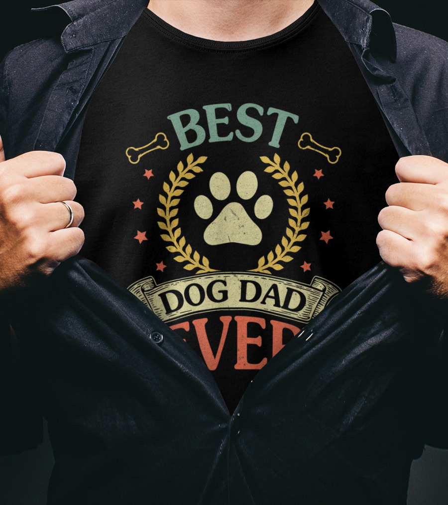 Best Dog Dad Ever Paw Laurel Stars Bones T-Shirt