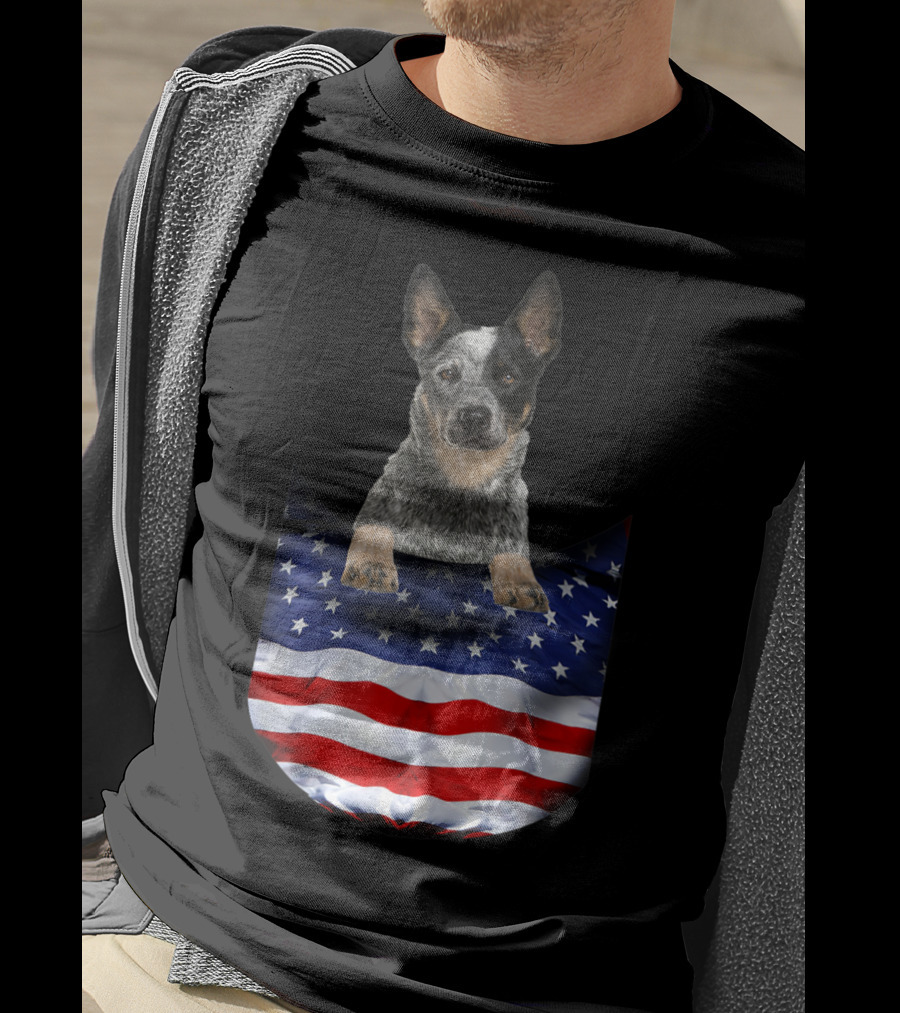 Australian Cattle Dog Pocket Funny American Flag Dog T-Shirt