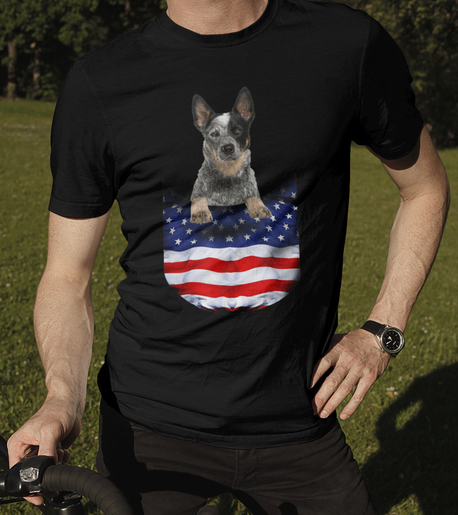 Australian Cattle Dog Pocket Funny American Flag Dog T-Shirt