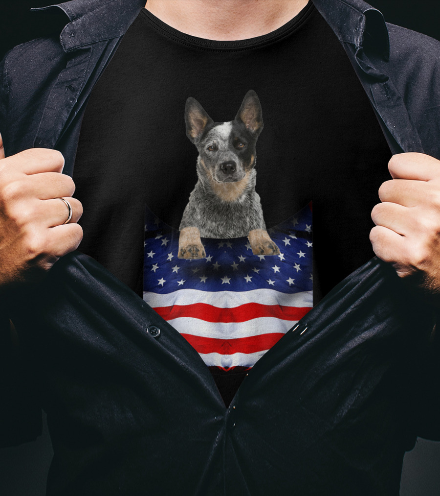Australian Cattle Dog Pocket Funny American Flag Dog T-Shirt