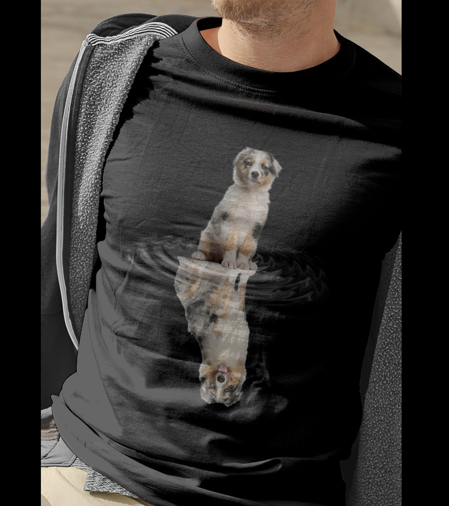 Australian Shepherd Puppy Reflection In Water Ripple T-Shirt