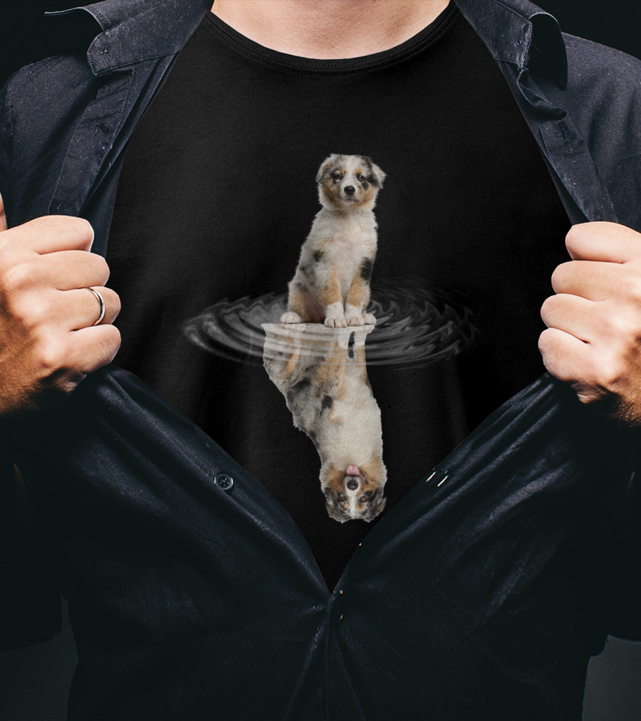 Australian Shepherd Puppy Reflection In Water Ripple T-Shirt