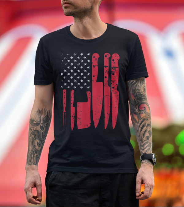 Premium T-Shirt: American Flag Stars Butcher Knife Set Vintage Look T-Shirt American Flag Stars Butcher Knife Set Vintage Look T-Shirt