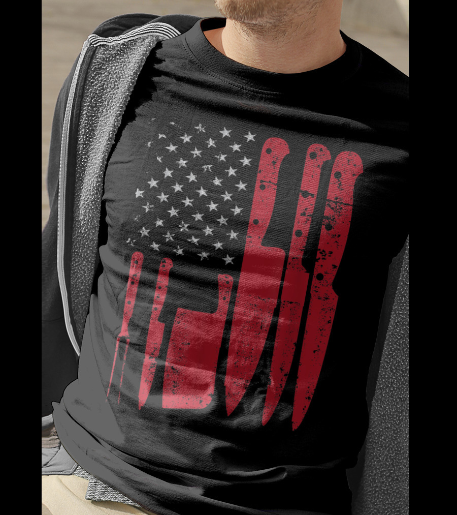 American Flag Stars Butcher Knife Set Vintage Look T-Shirt