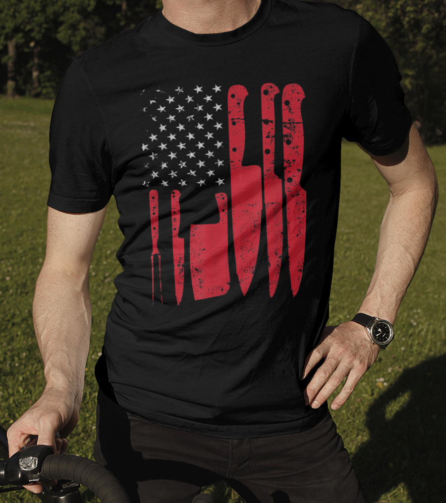 American Flag Stars Butcher Knife Set Vintage Look T-Shirt