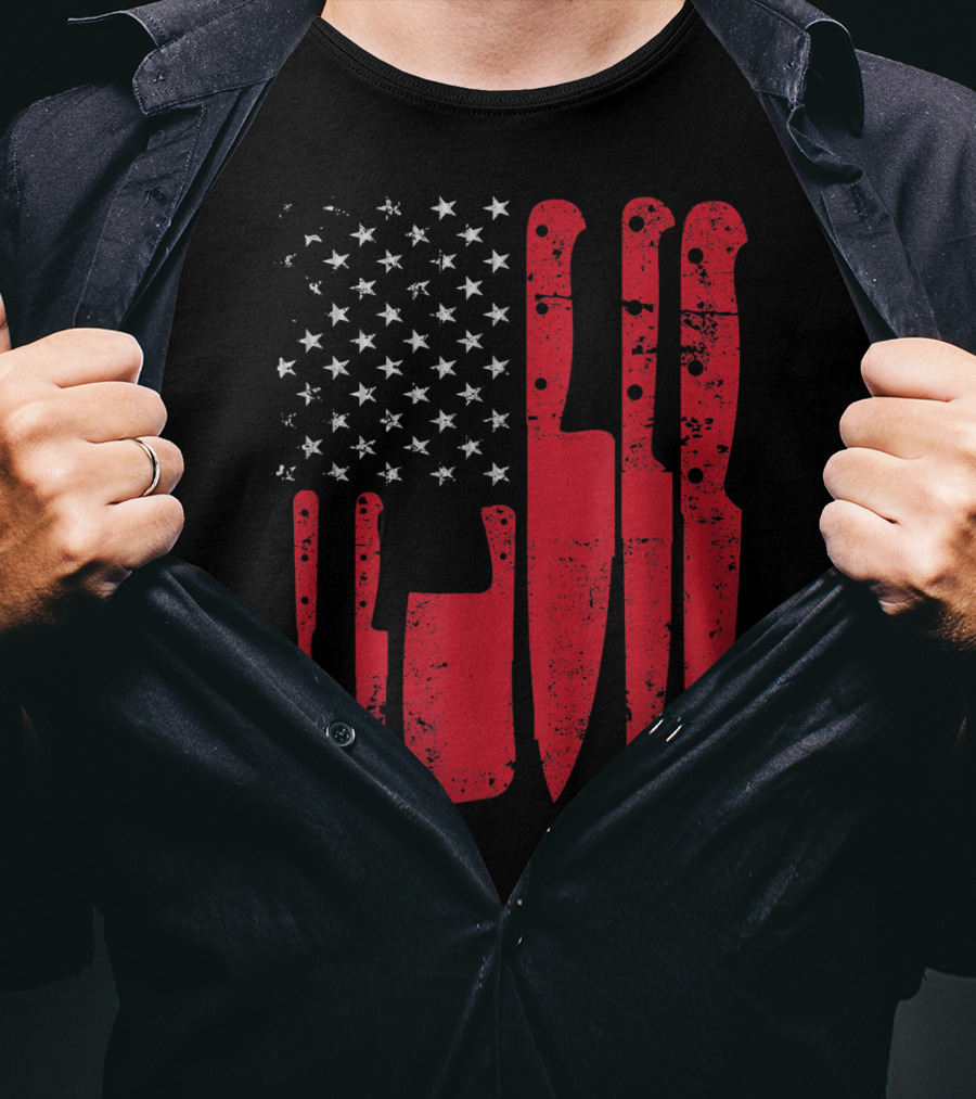 American Flag Stars Butcher Knife Set Vintage Look T-Shirt