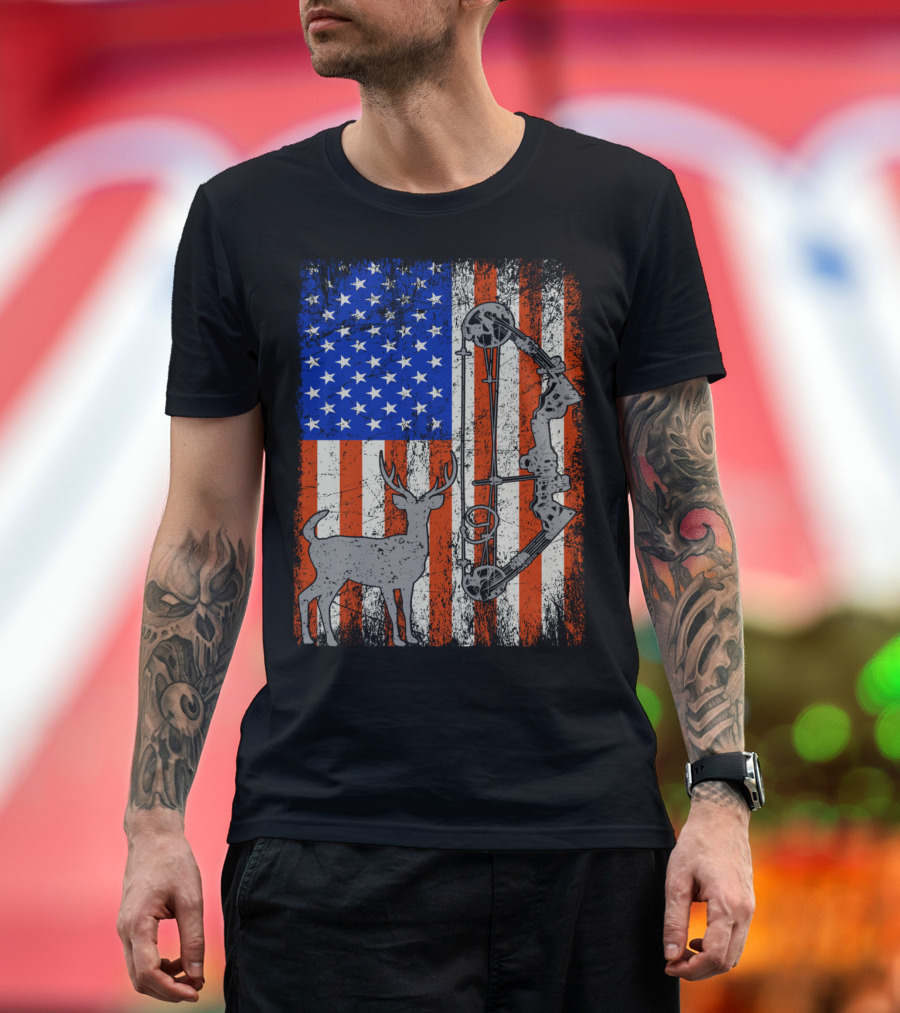American Flag Deer Bow Hunter Hunting T-Shirt