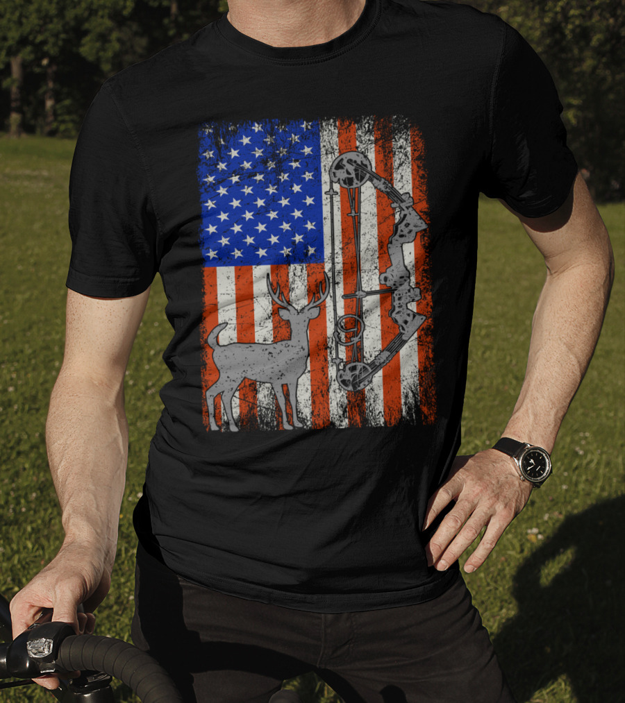 American Flag Deer Bow Hunter Hunting T-Shirt