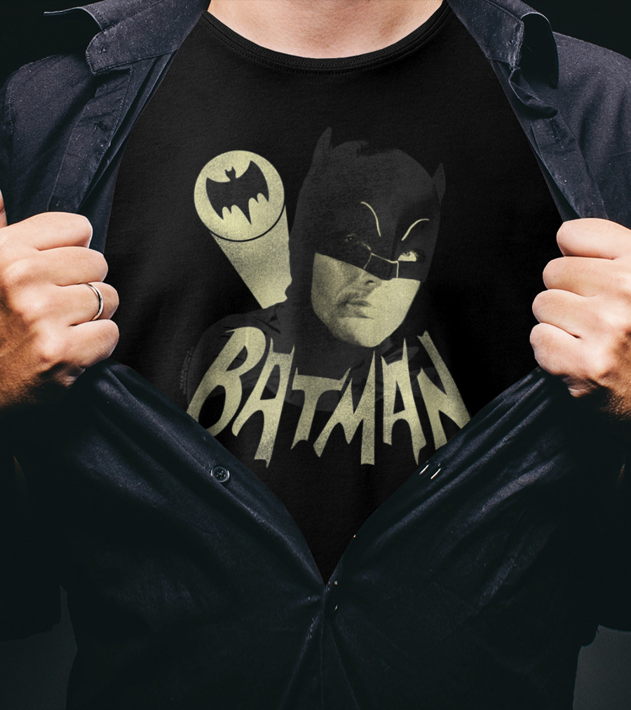 Batman Classic TV Series Bat Signal Logo And Iconic Hero Image T-Shirt