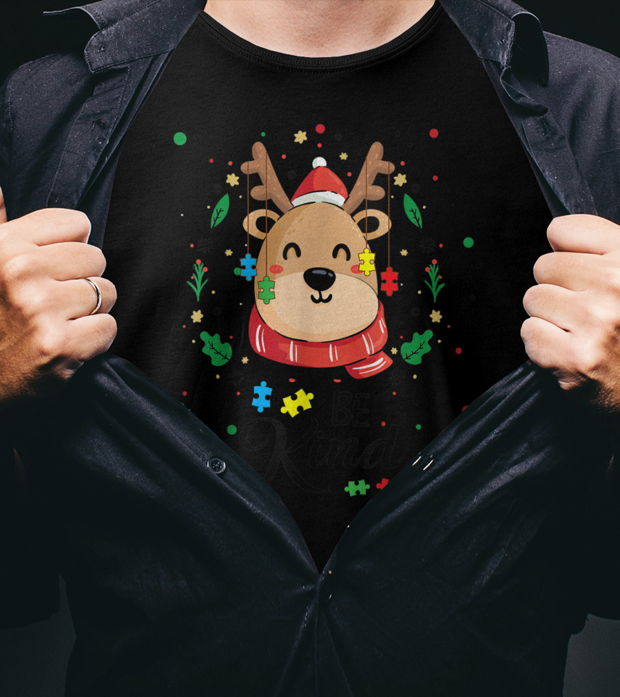 Be Kind Reindeer With Santa Hat And Colorful Puzzle Pieces Autism T-Shirt