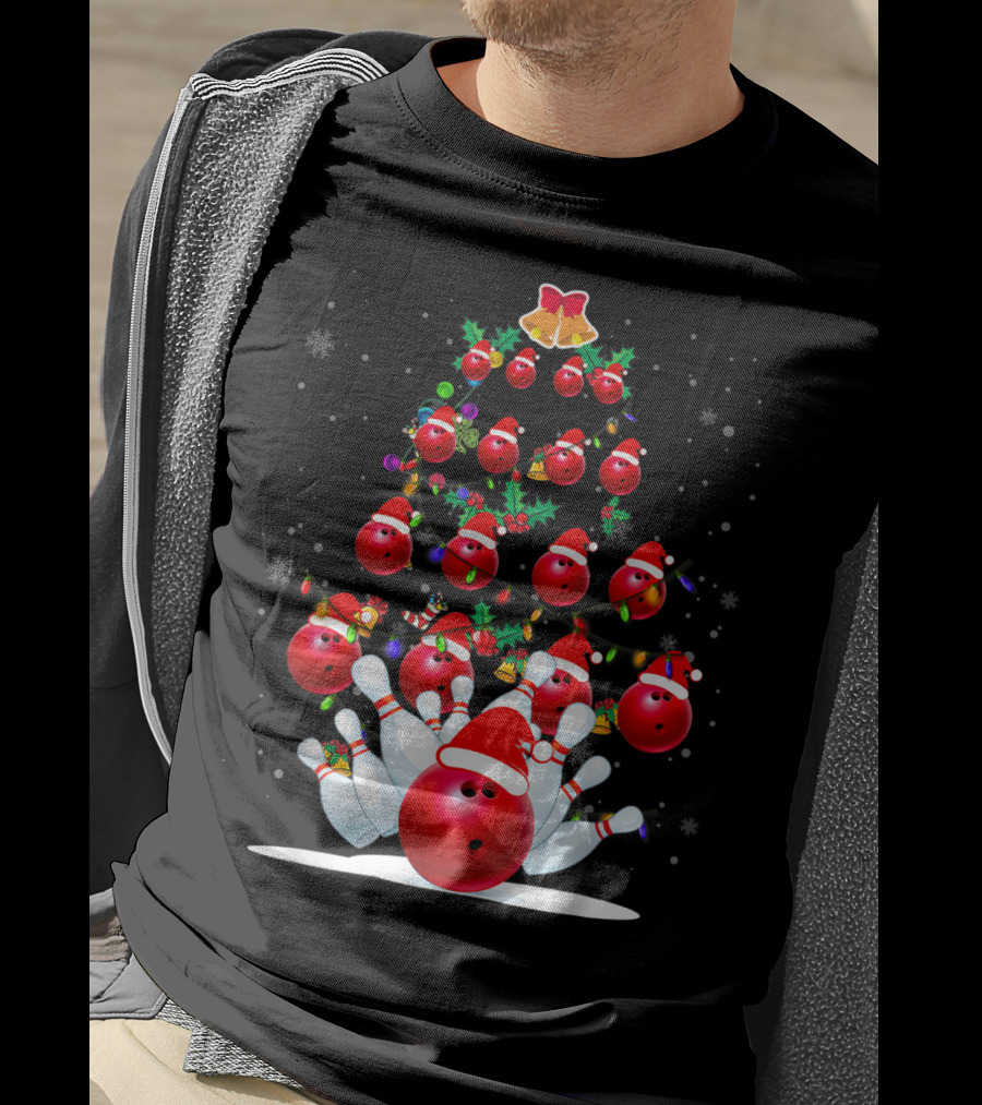 Bowling Ball Christmas Tree With Santa Hats And Snowflakes T-Shirt