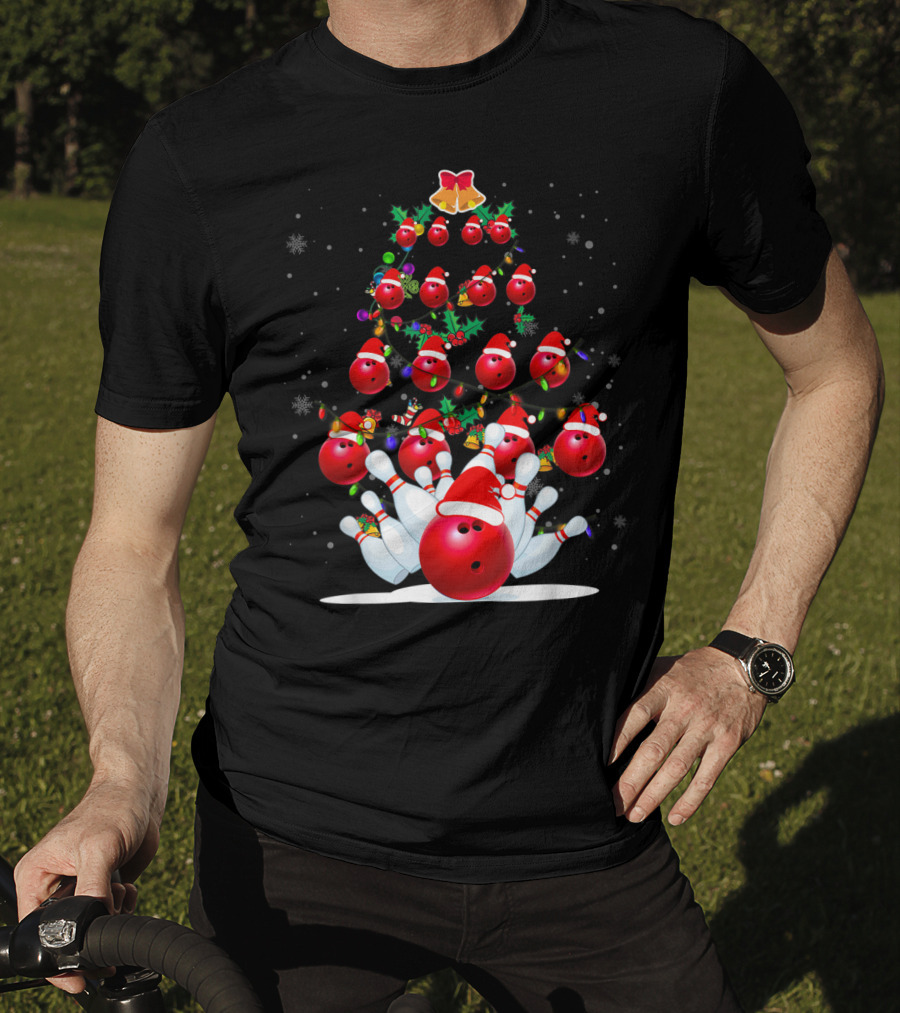 Bowling Ball Christmas Tree With Santa Hats And Snowflakes T-Shirt