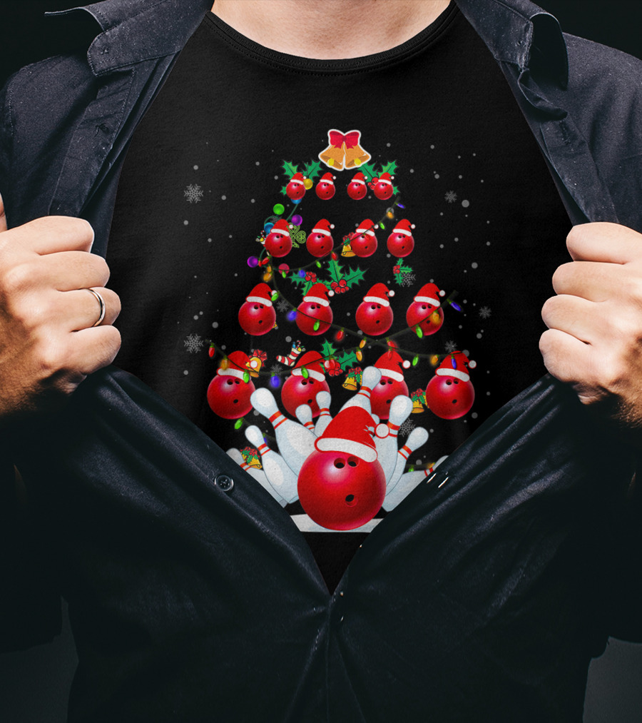 Bowling Ball Christmas Tree With Santa Hats And Snowflakes T-Shirt