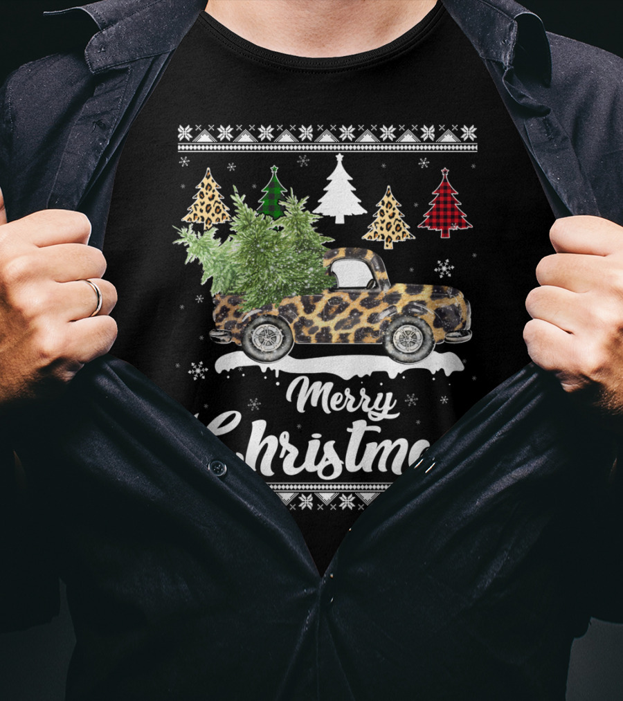 Merry Christmas Leopard Truck Plaid Trees Snowflakes T-Shirt