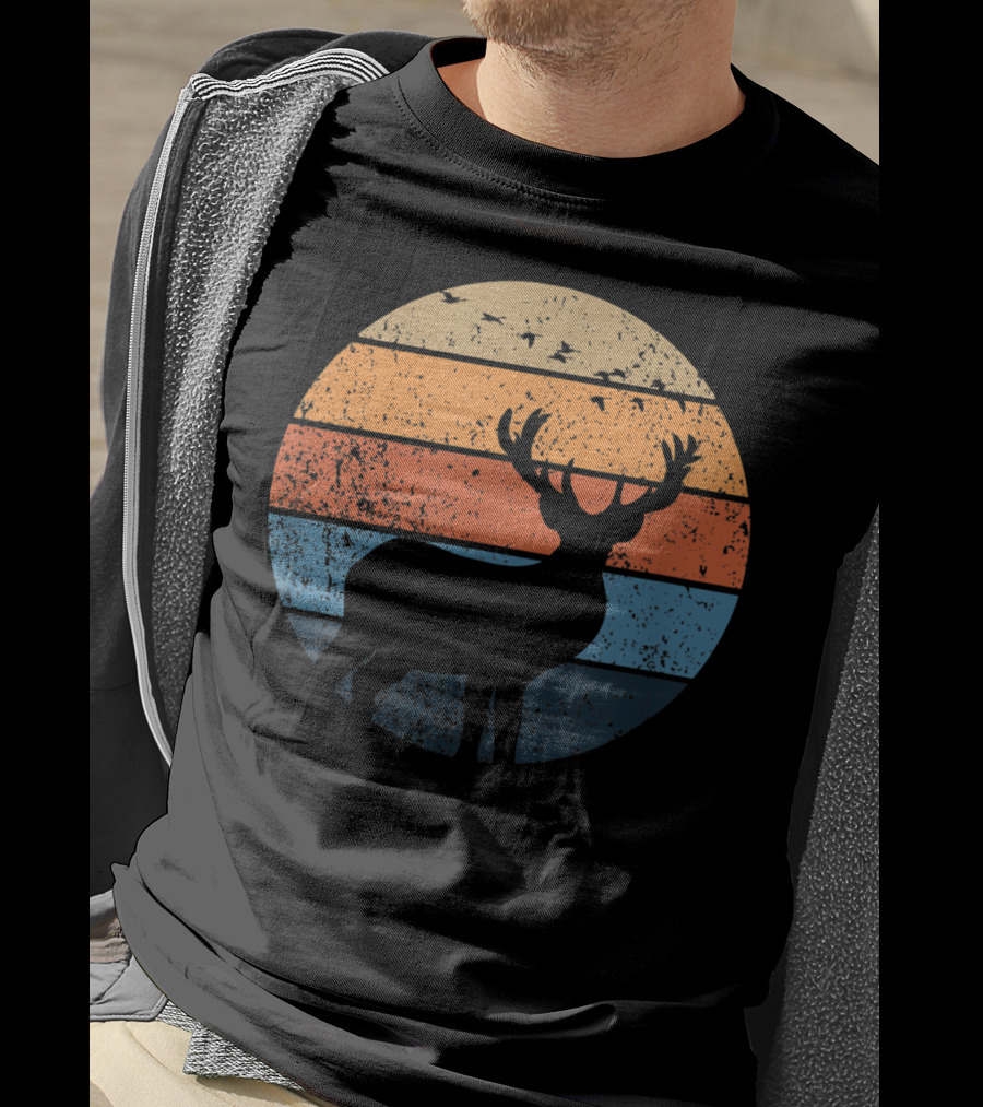 Deer Silhouette Retro Sunset With Flying Birds T-Shirt