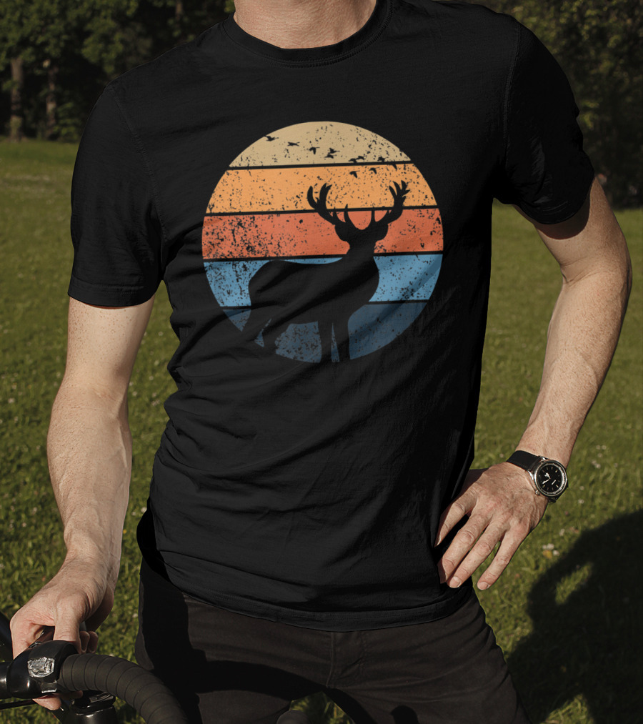 Deer Silhouette Retro Sunset With Flying Birds T-Shirt
