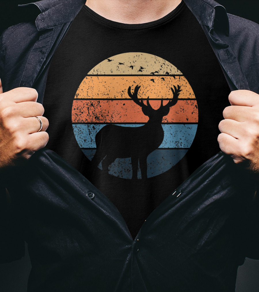 Deer Silhouette Retro Sunset With Flying Birds T-Shirt