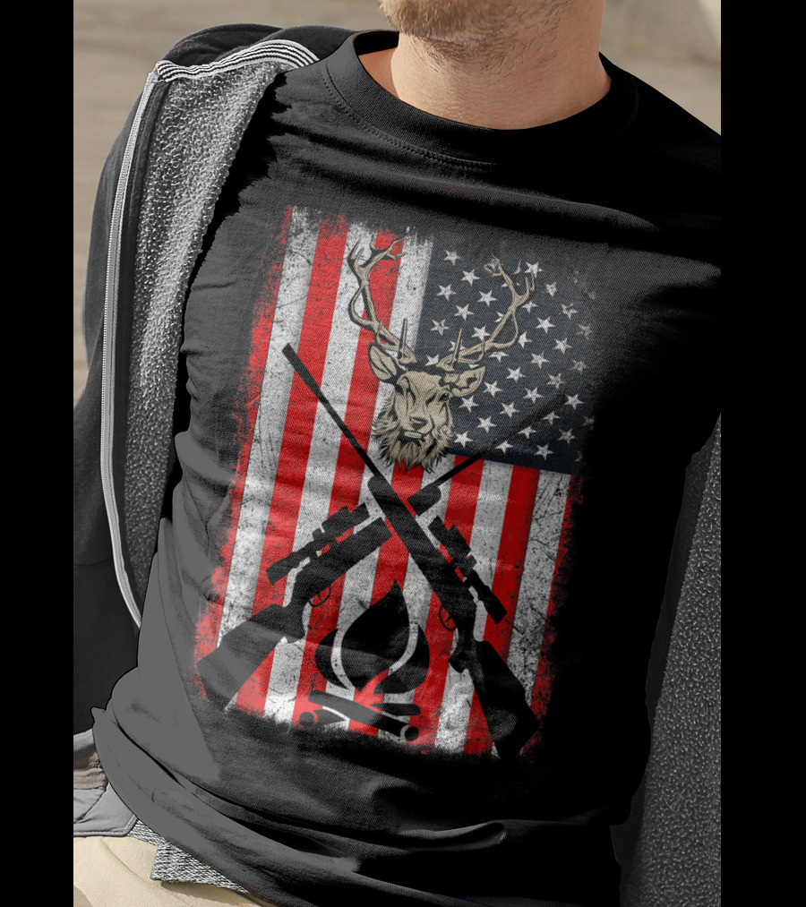 Patriotic Deer Hunting With American Flag And Rifles T-Shirt