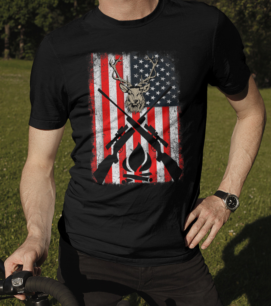 Patriotic Deer Hunting With American Flag And Rifles T-Shirt