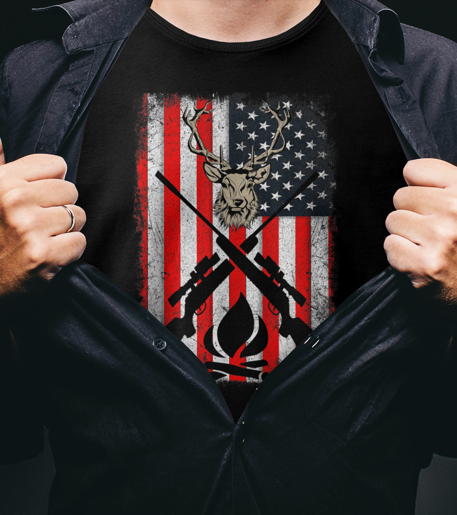 Patriotic Deer Hunting With American Flag And Rifles T-Shirt