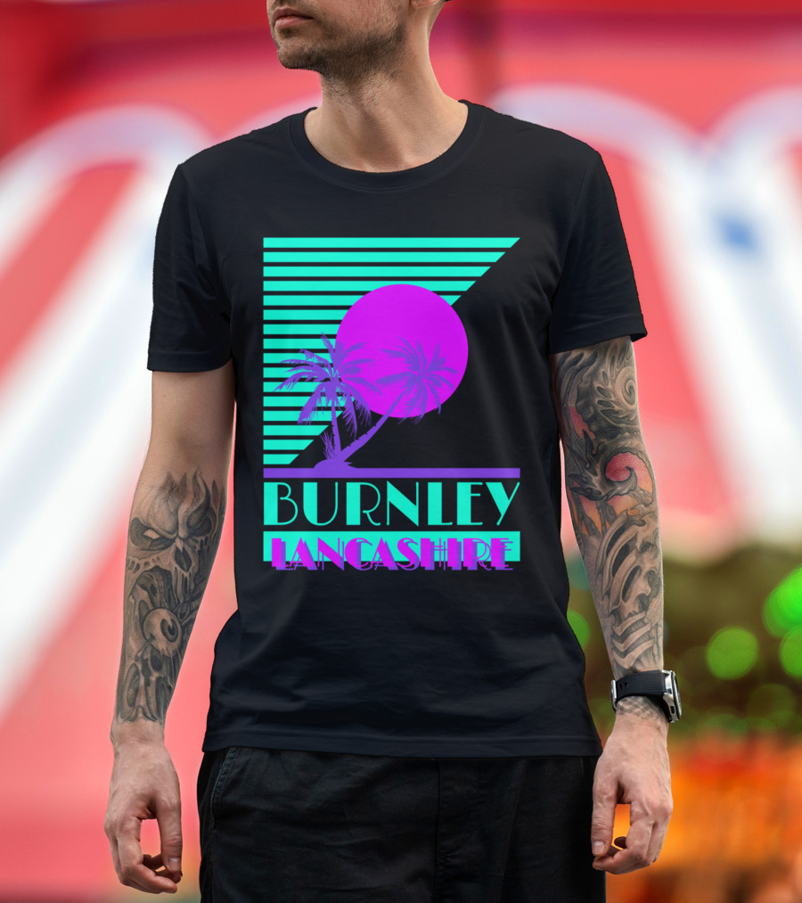 Burnley Lancashire 80s Style Retro Palm Trees and Sunset T-Shirt