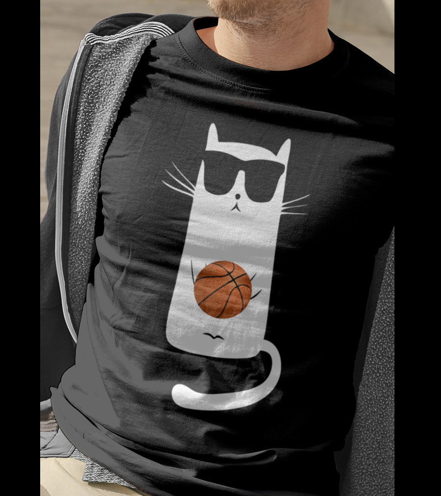 Humorous Sunglass-Wearing Cat With Basketball In Whimsical Pose T-Shirt