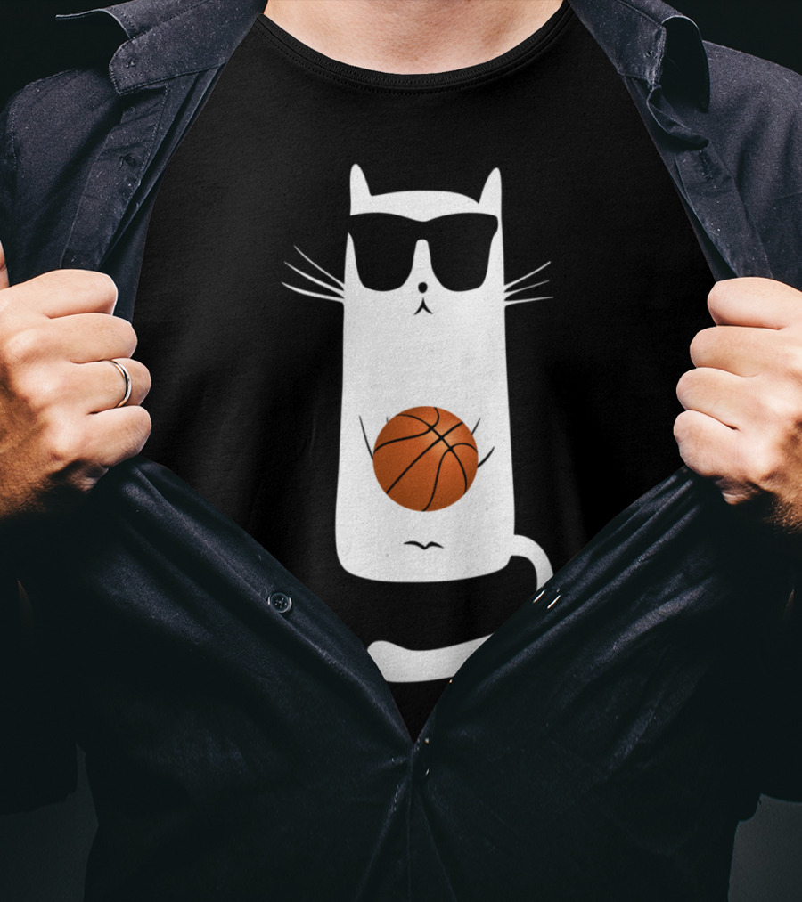 Humorous Sunglass-Wearing Cat With Basketball In Whimsical Pose T-Shirt