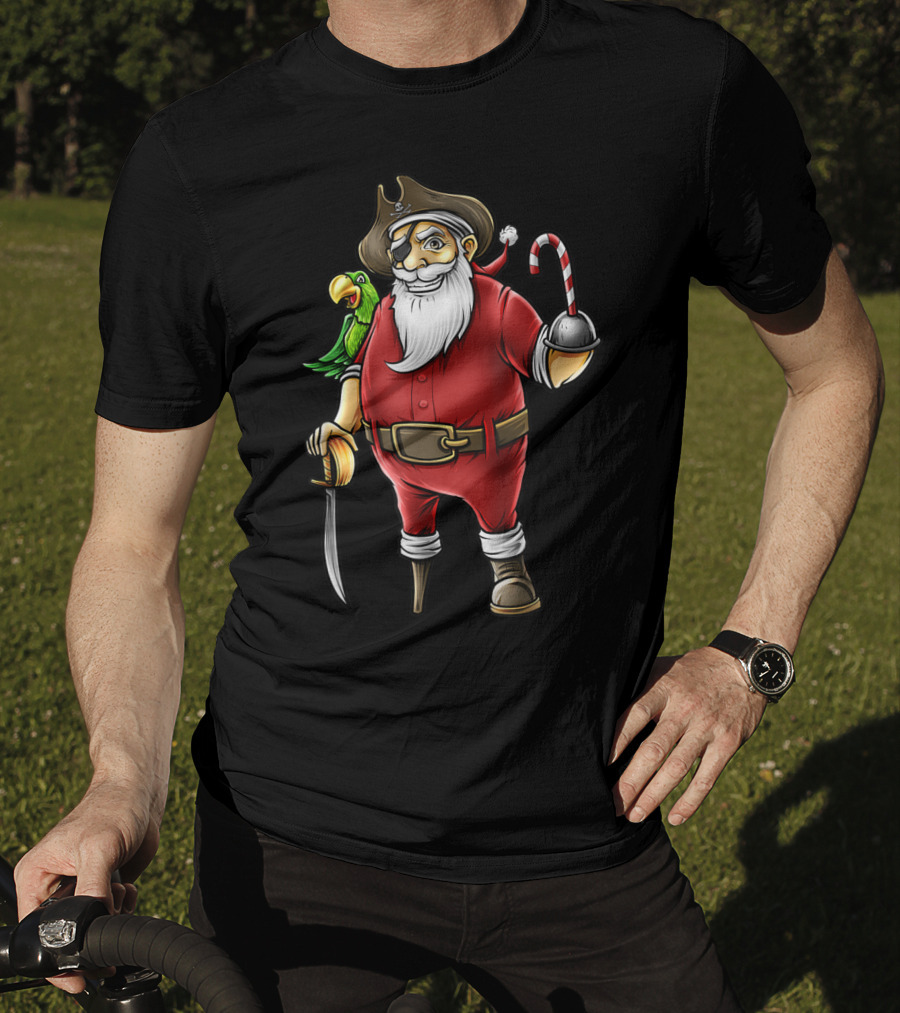 Funny Christmas Pirate Santa With Candy Cane Hook Hand And Parrot T-Shirt