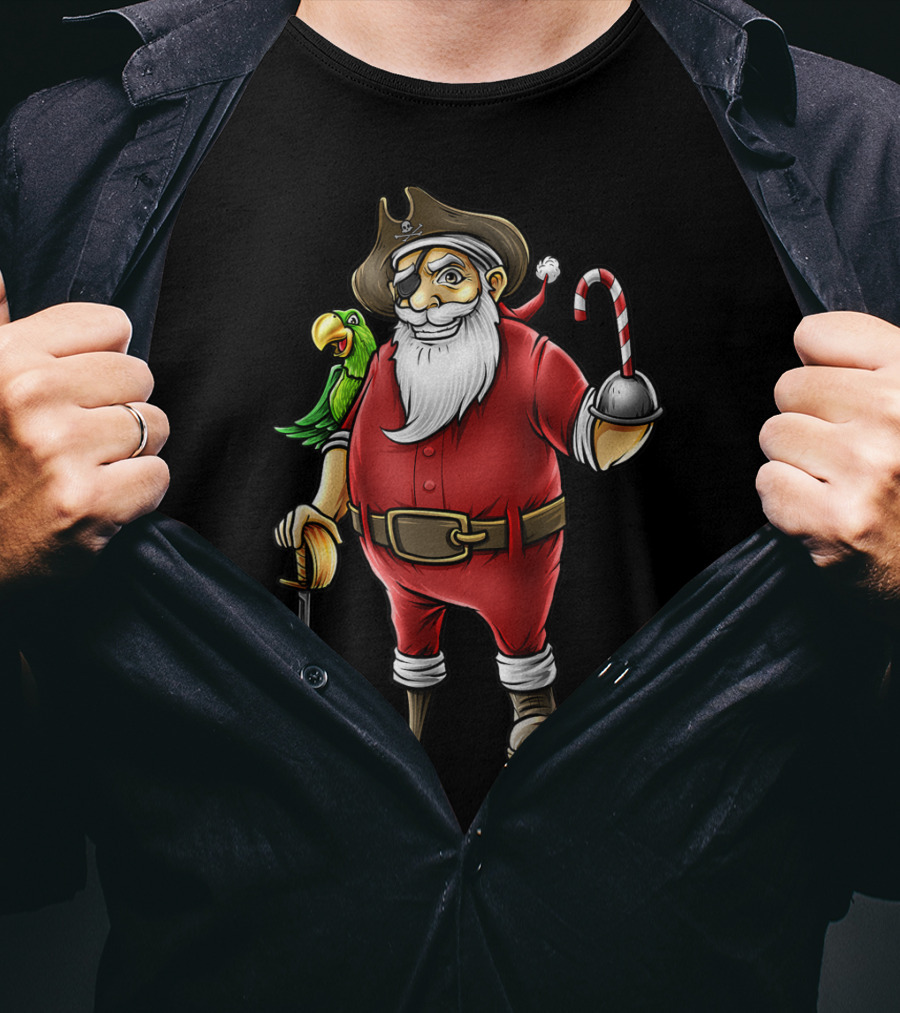 Funny Christmas Pirate Santa With Candy Cane Hook Hand And Parrot T-Shirt