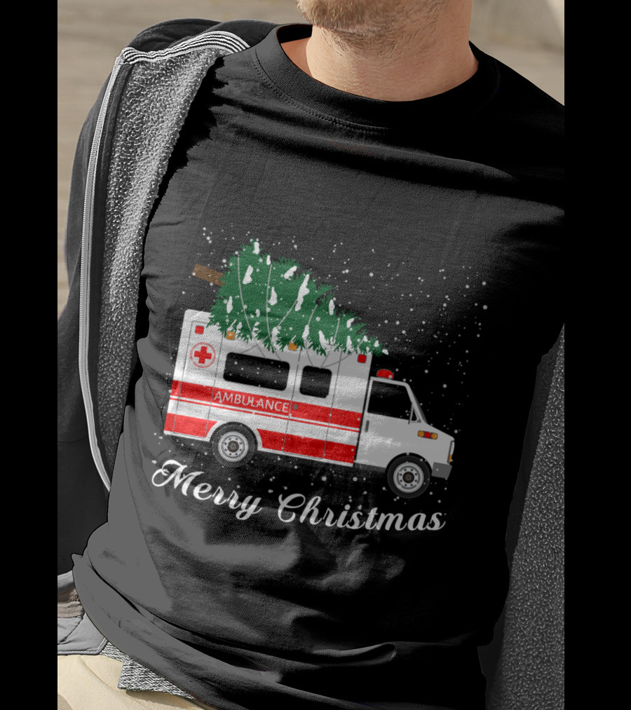 Merry Christmas Ambulance Carrying Christmas Tree In Snowfall T-Shirt