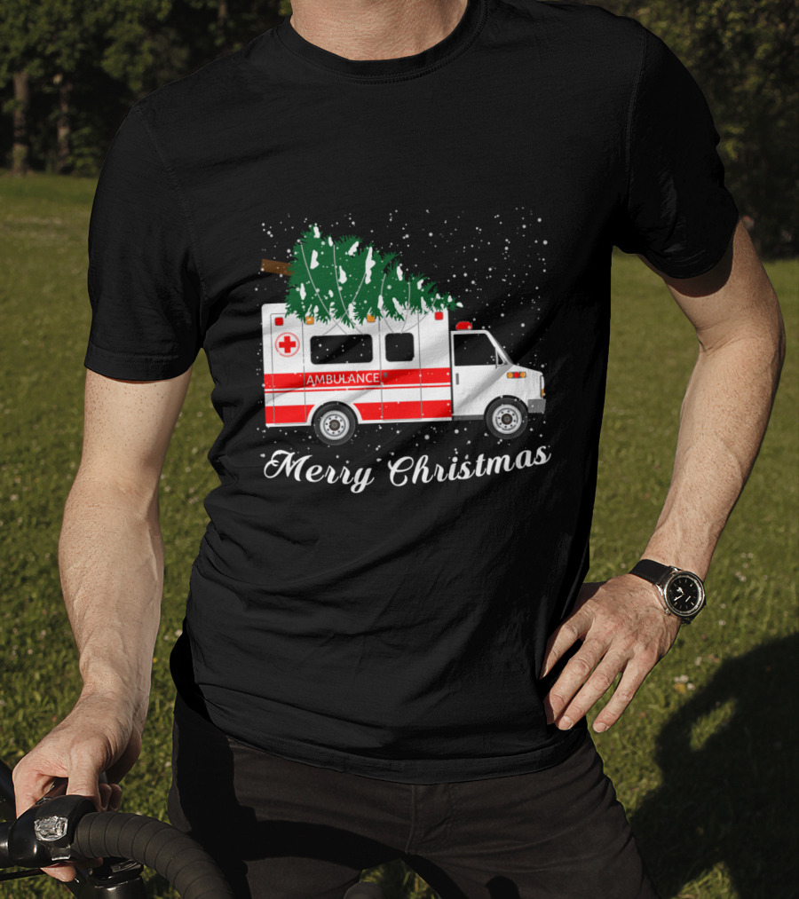 Merry Christmas Ambulance Carrying Christmas Tree In Snowfall T-Shirt