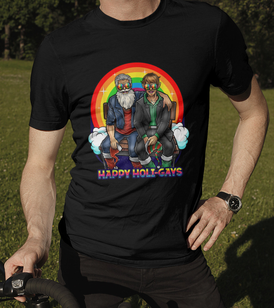 Happy Holi-Gays Funny Rainbow Santa And Elf Christmas T-Shirt