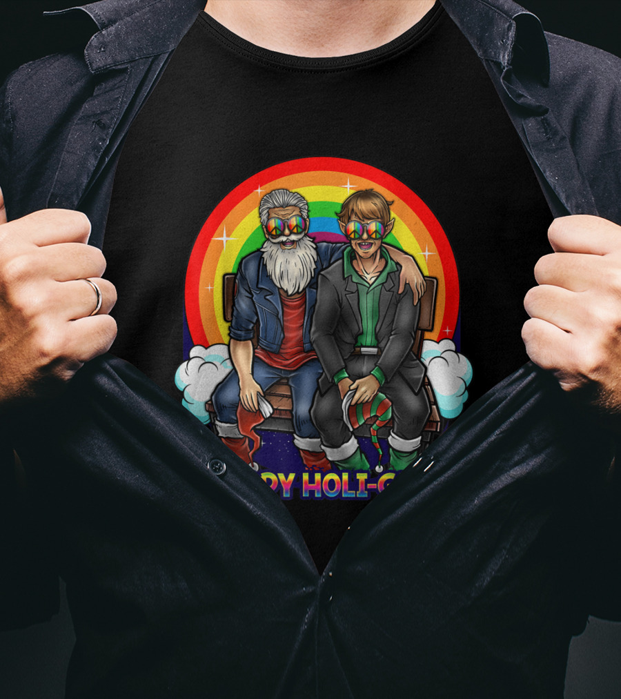 Happy Holi-Gays Funny Rainbow Santa And Elf Christmas T-Shirt