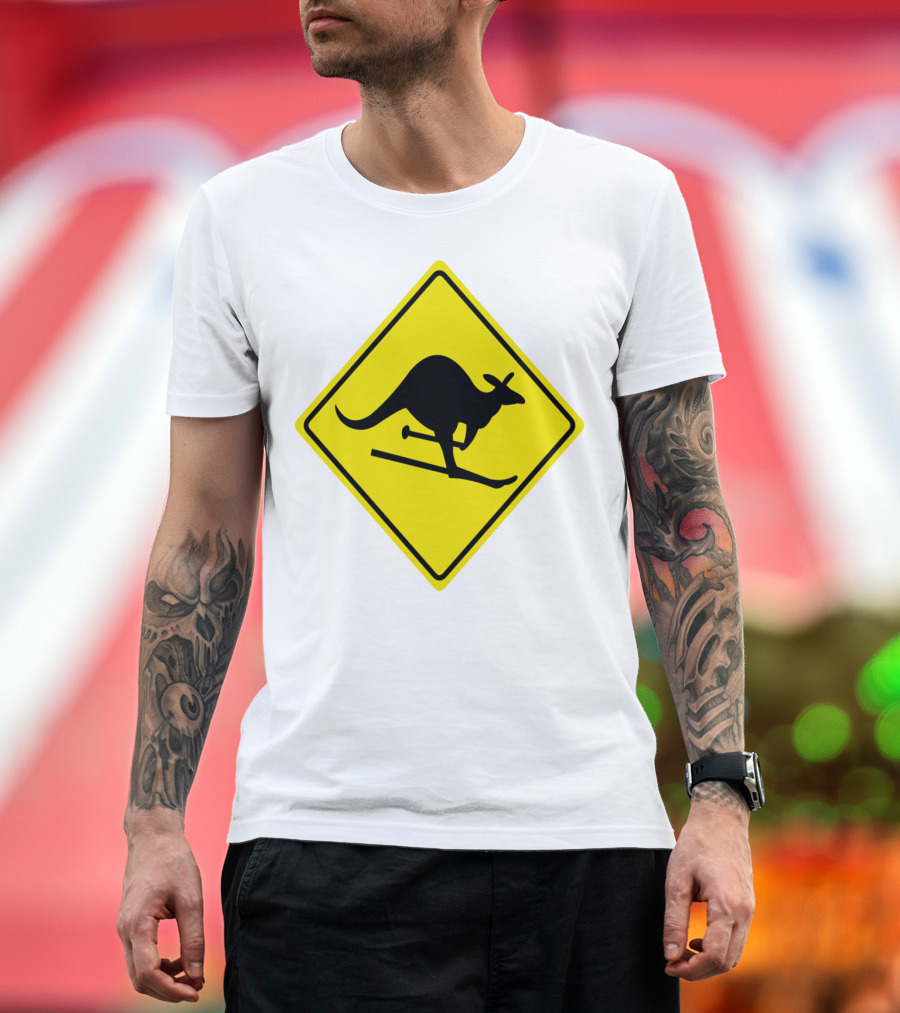 Kangaroo Skiing Road Sign Icon Yellow Caution T-Shirt