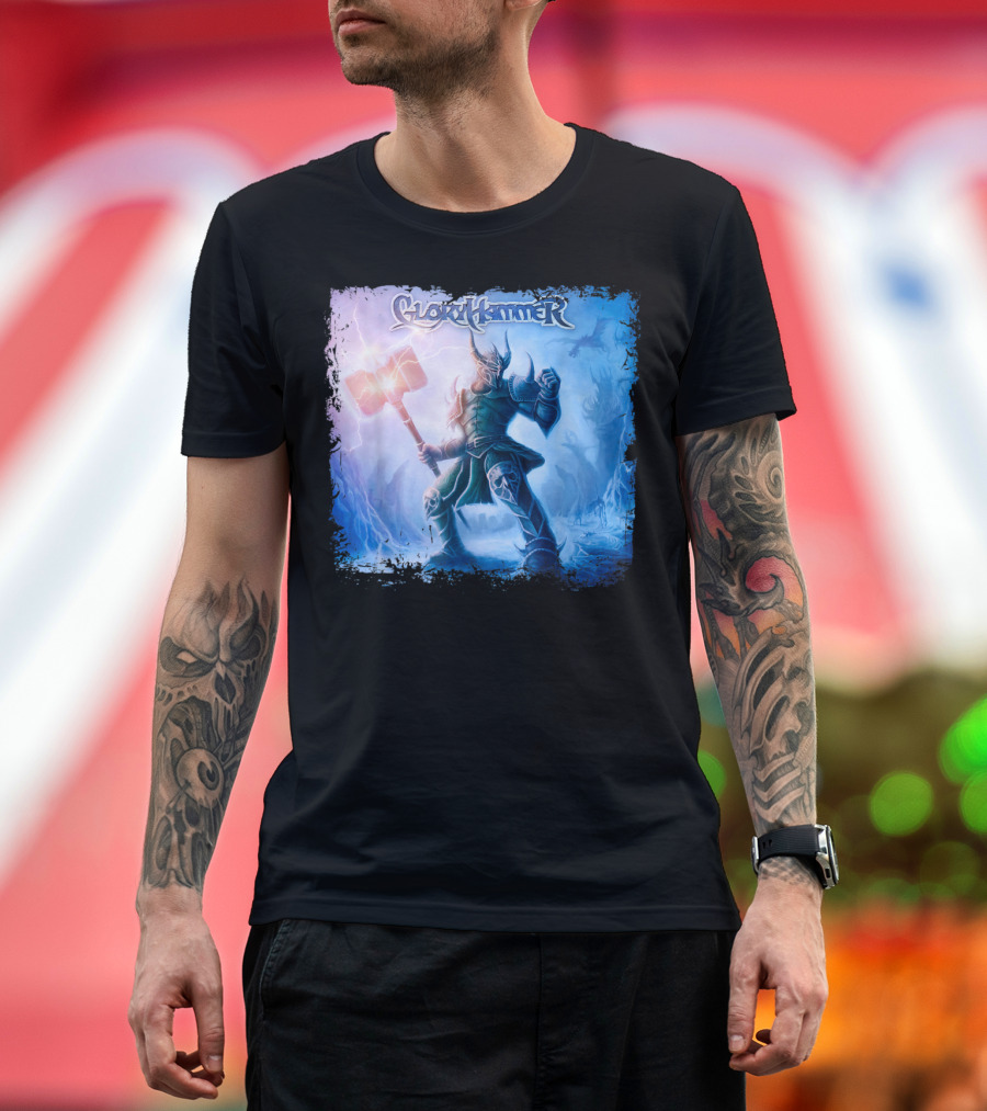Gloryhammer Warrior with Glowing Hammer in Mystical Battle Scene T-Shirt