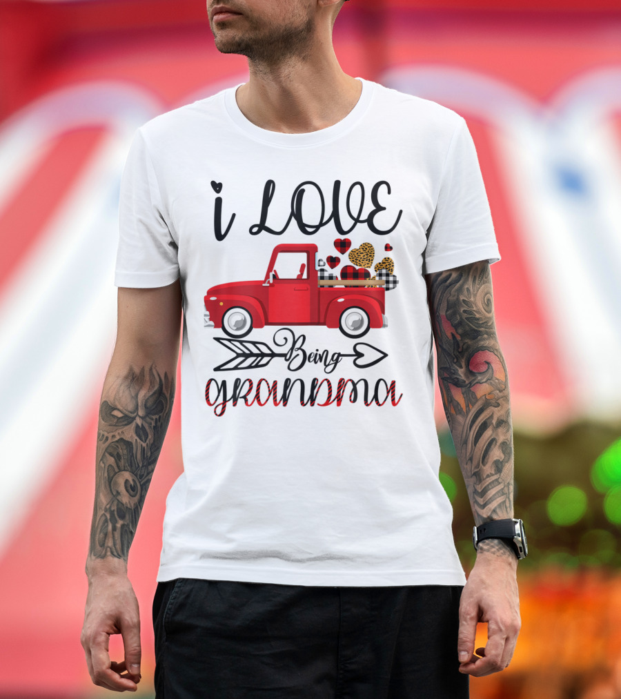 I Love Being Grandma Red Truck with Leopard and Plaid Hearts T-Shirt