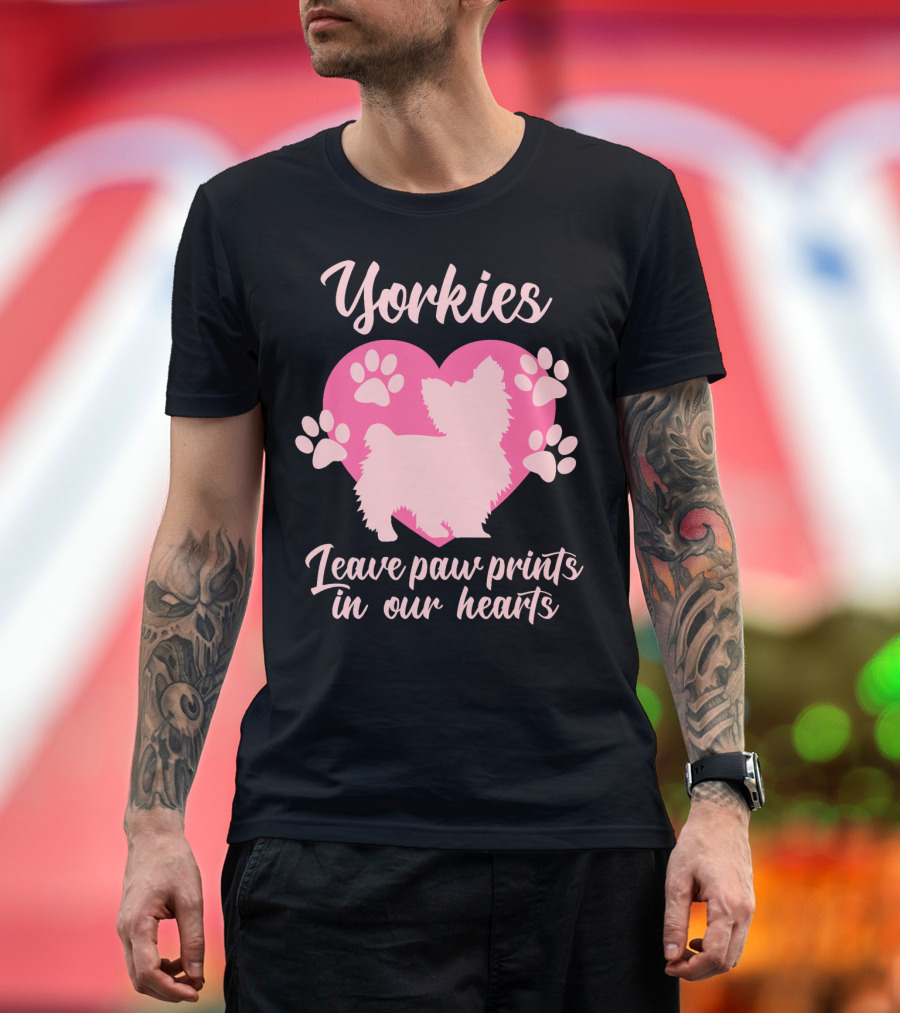 Yorkies Leave Paw Prints in Our Hearts Pink Heart and Paw T-Shirt
