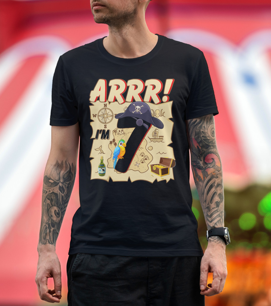 ARRR I'm 7 Pirate Birthday Treasure Map Parrot and Hat T-Shirt