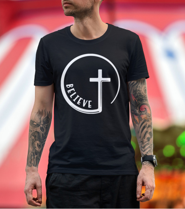 Premium T-Shirt: Believe Cross Symbol Christian Sign T-Shirt Believe Cross Symbol Christian Sign T-Shirt