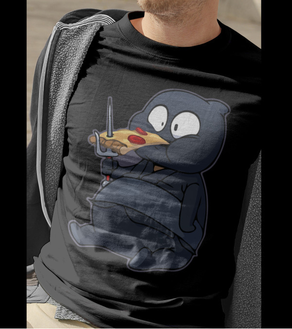 Funnny Fat Ninja Eating Pizza With Sword Quirky Dojo T-Shirt
